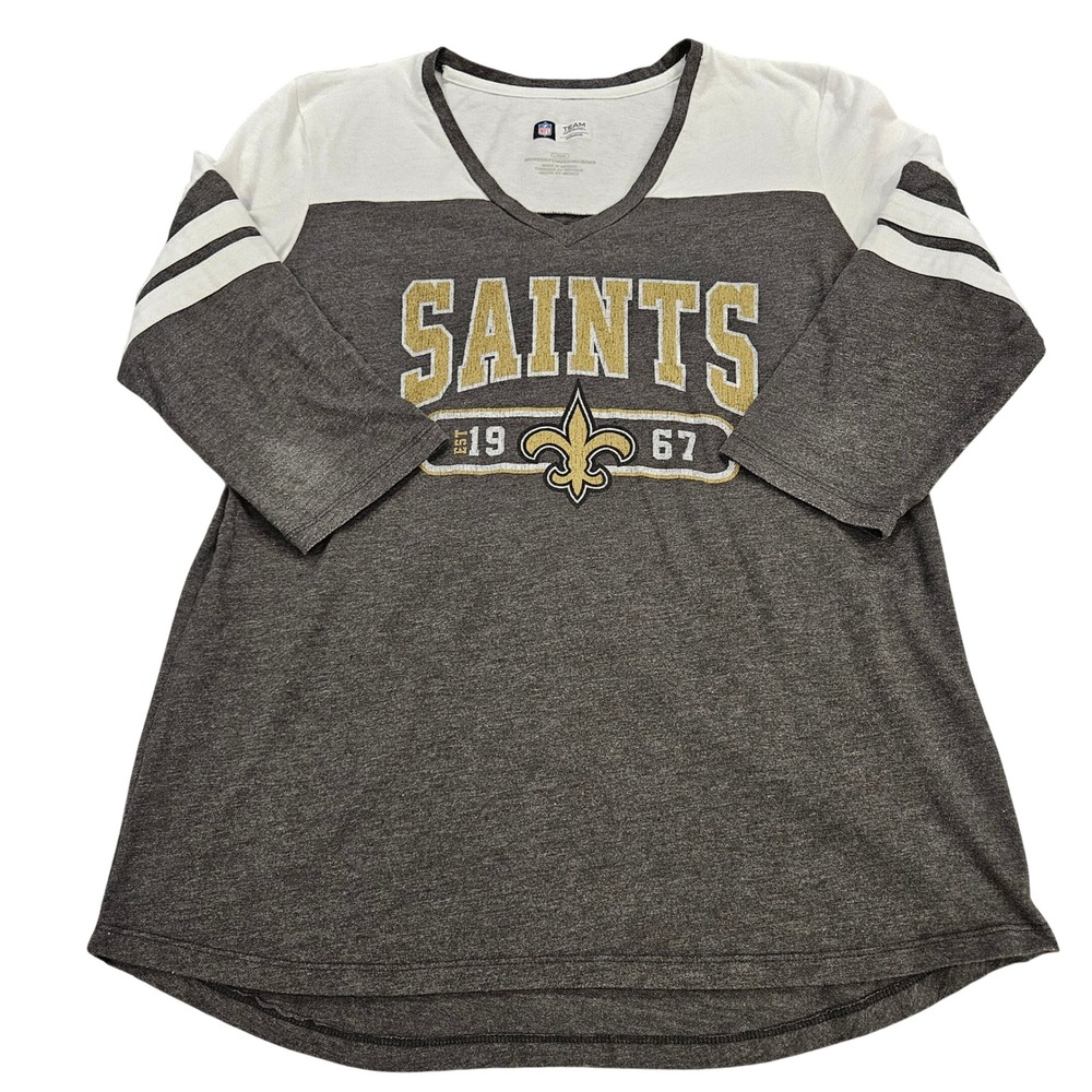 NFL Team Apparel New Orleans Saints V-Neck Shirt Womens Large Gray 3/4 Sleeve